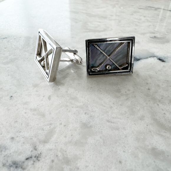 Golf Club Ball Cufflinks Men One Size Silver Tone Iridescent Rectangle Unbranded - Picture 6 of 6